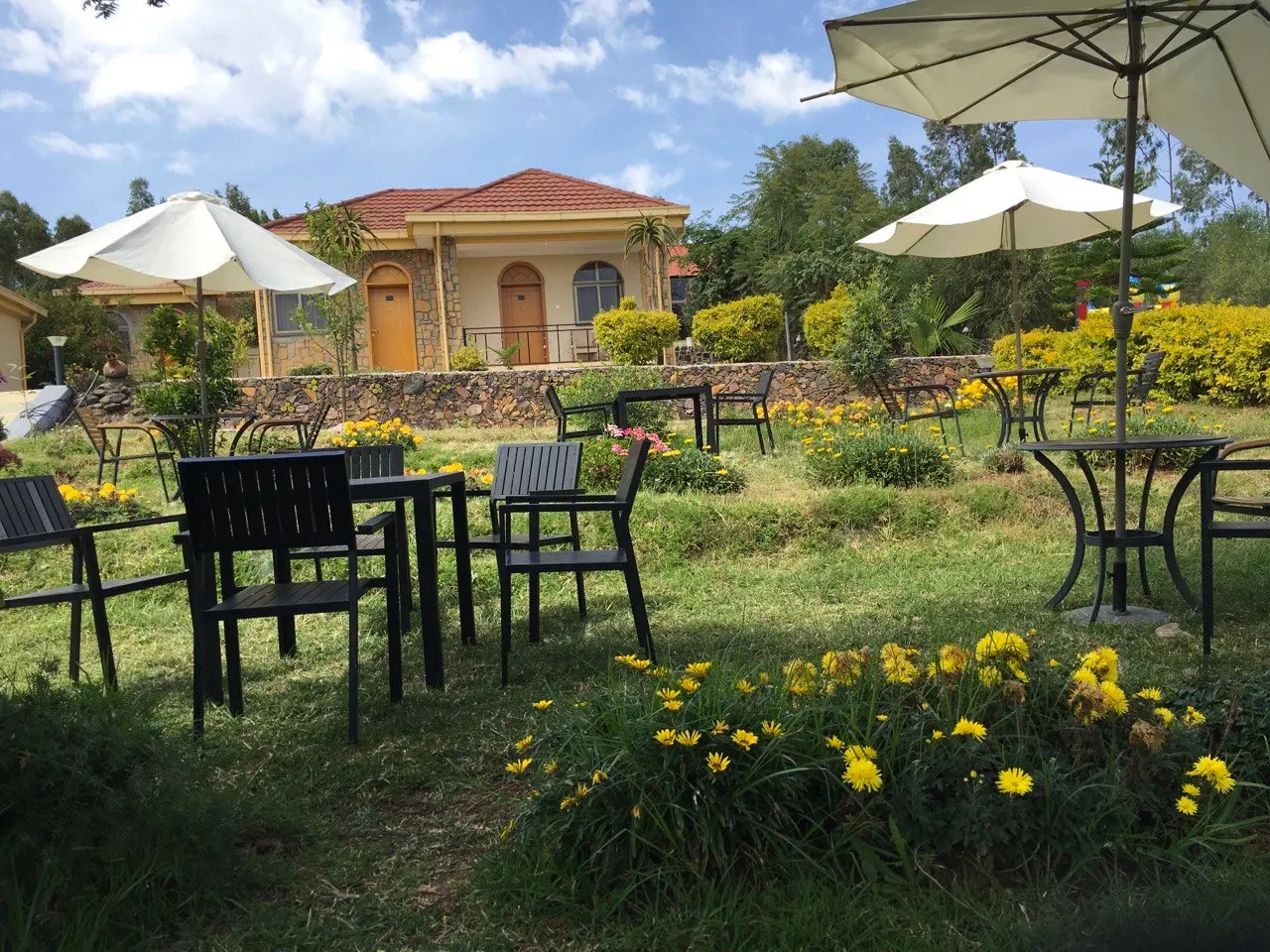 Garden tables and umbrellas on the lawn with yellow flowers and a villa behind