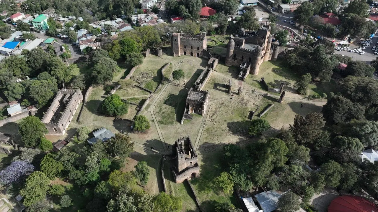 Aerial view of a stone castle compound with towers and walls among trees