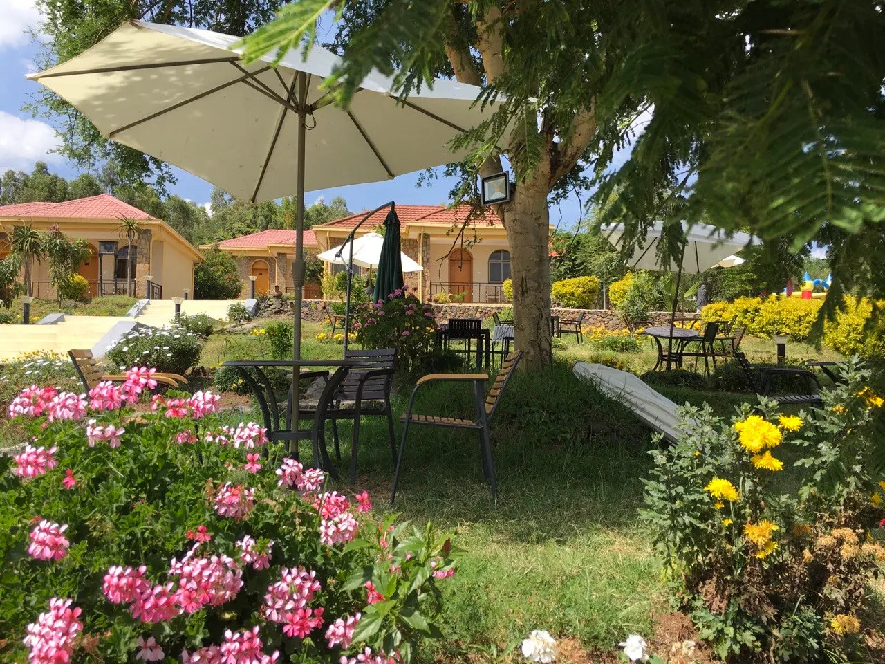 Garden with pink geraniums, patio umbrellas and chairs in front of the guest villas